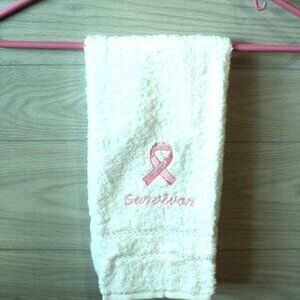 Breast Cancer Survivor Ribbon Embroidered Luxury White Hand Towel Support